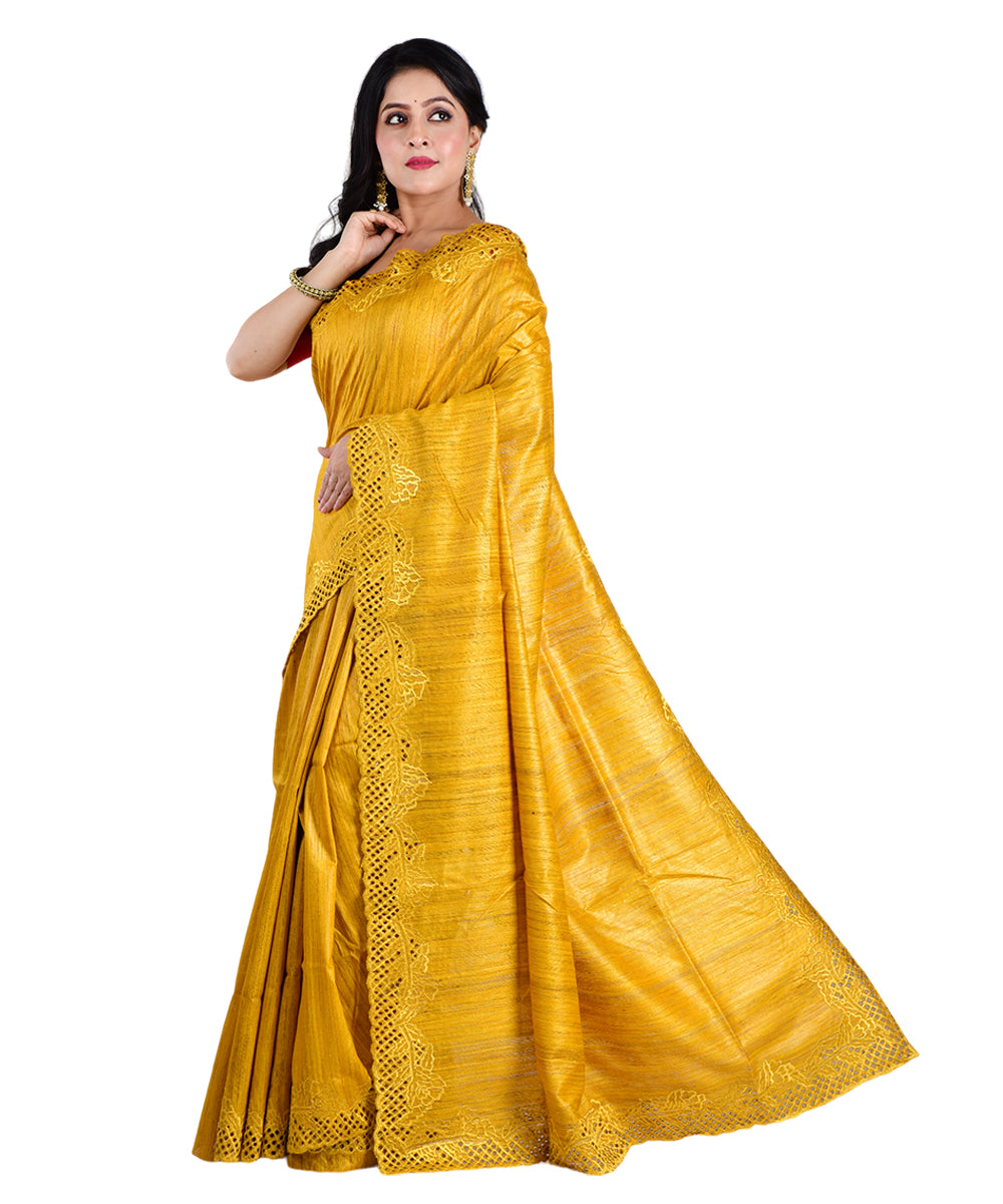 Yellow handwoven tussar silk saree