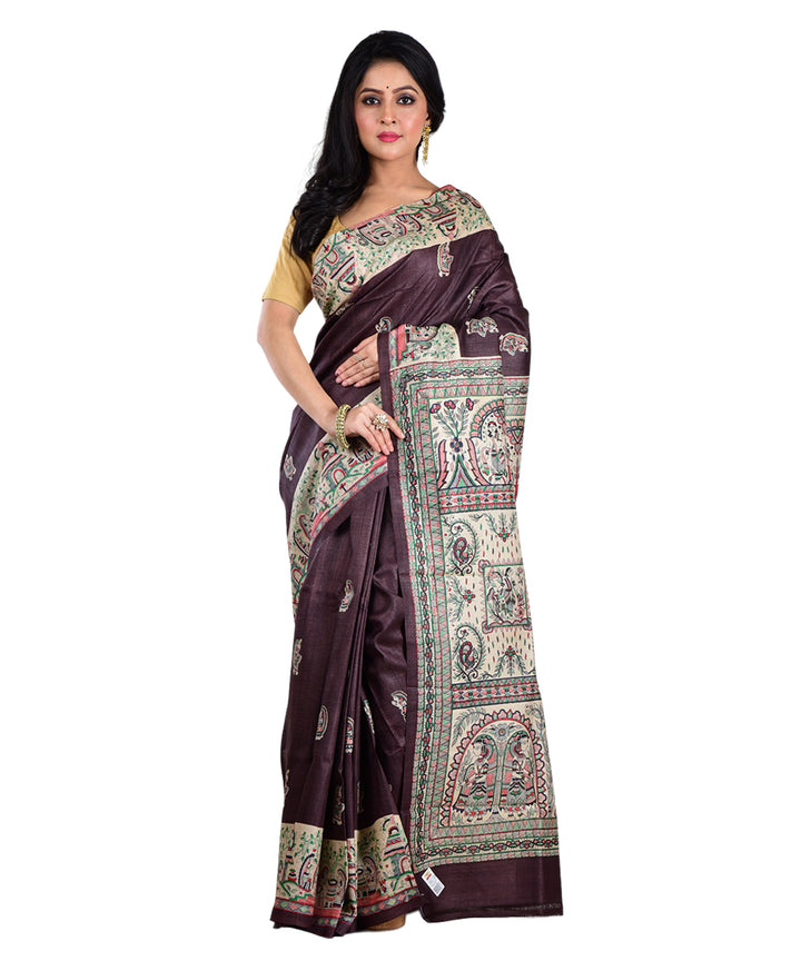 Brown multicolor tussar silk hand printed saree