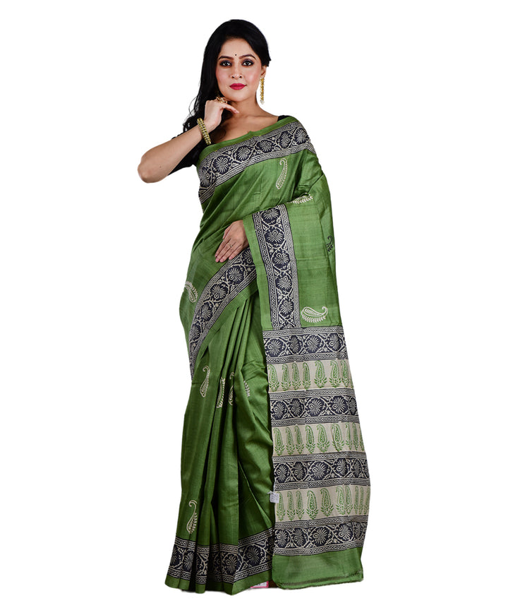 Light green black hand printed tussar silk saree