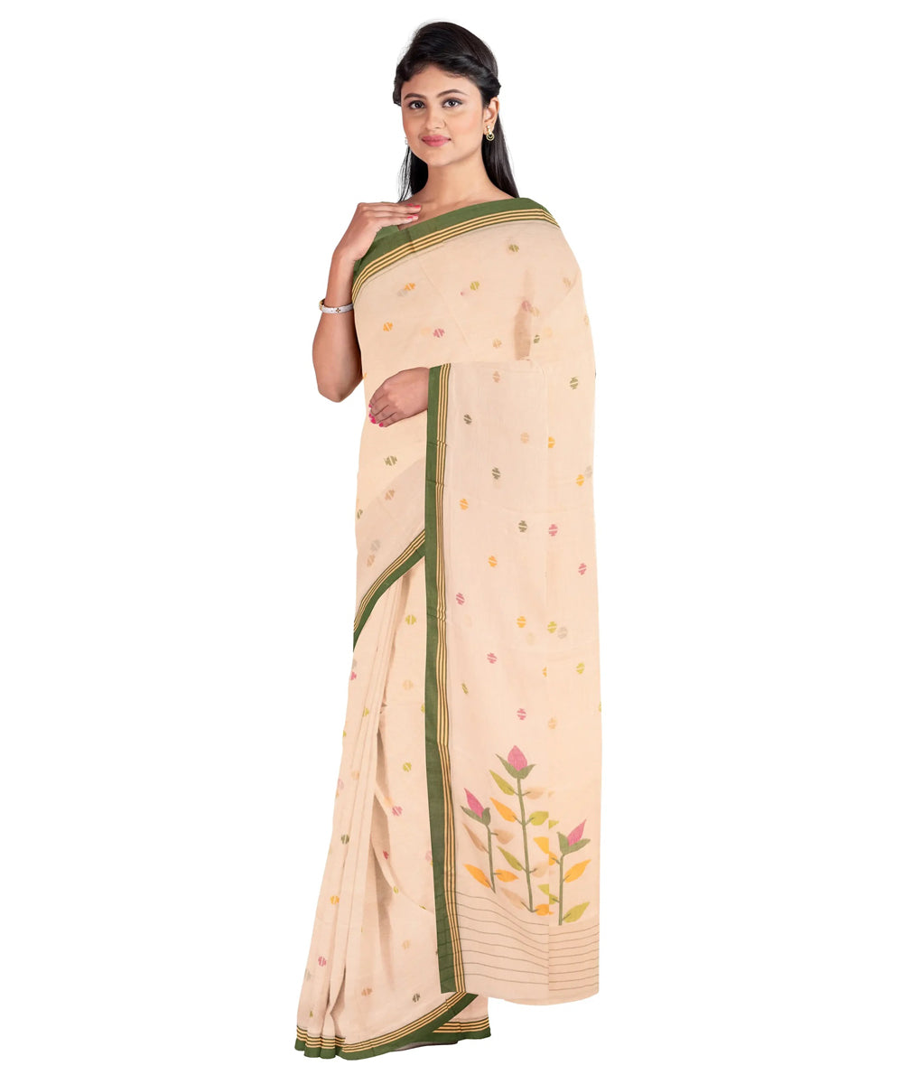 Cream olive handwoven jamdani cotton saree