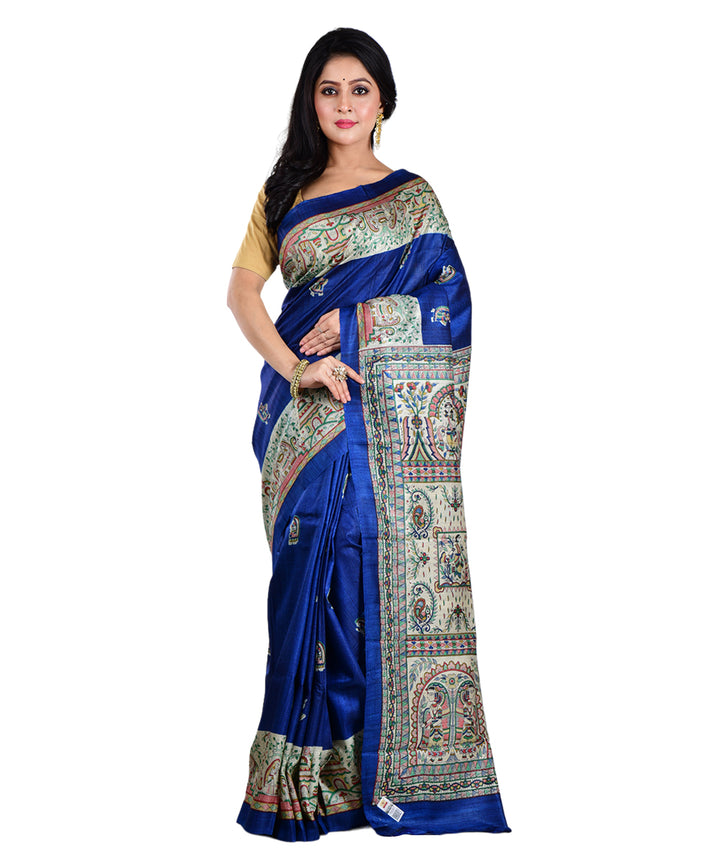 Navy blue multicolor hand printed tussar silk saree