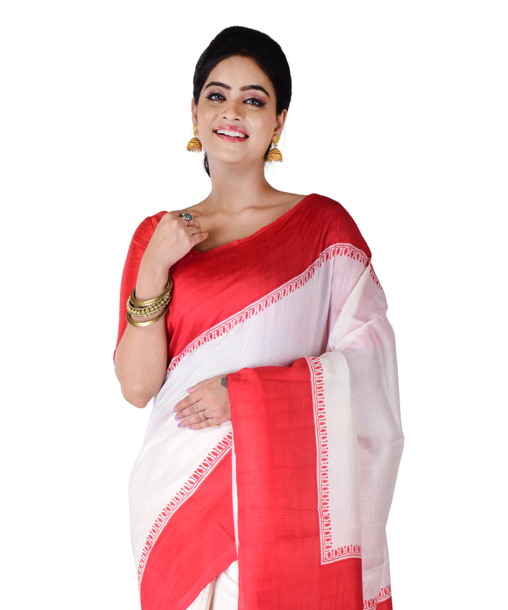 White red silk hand printed saree