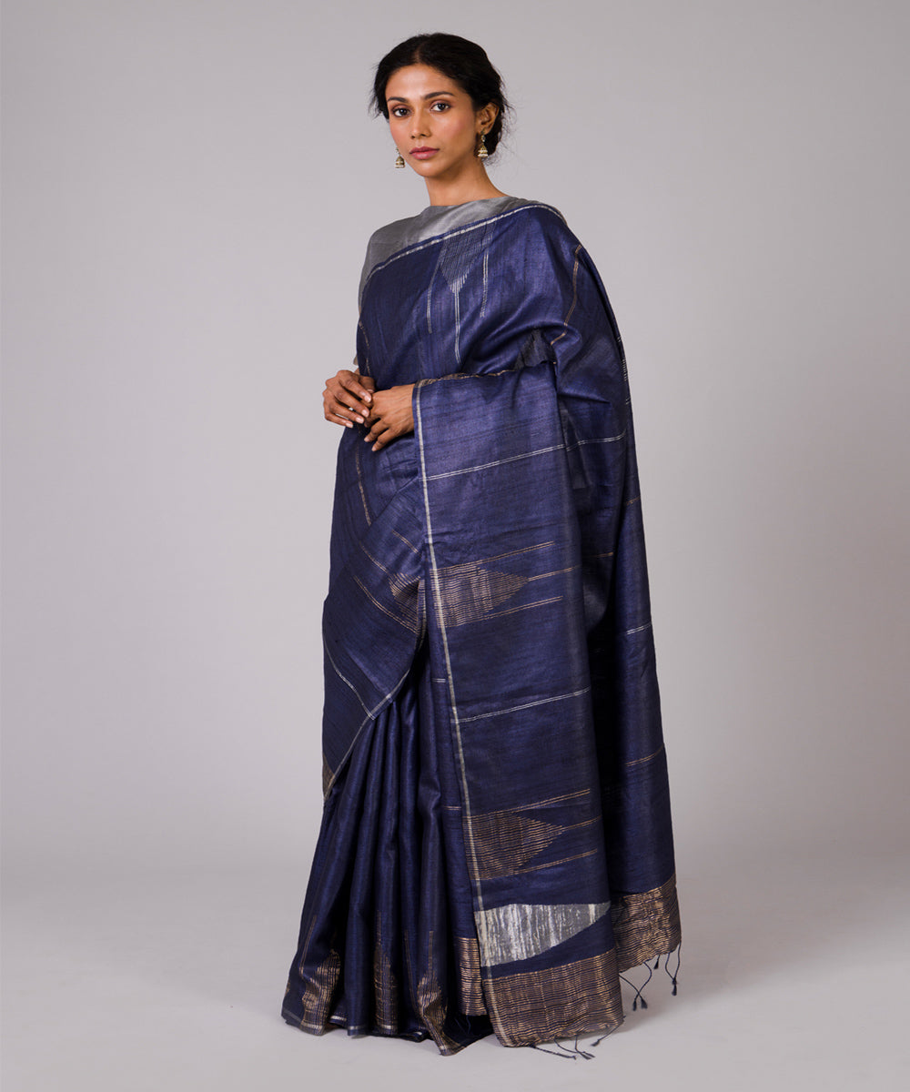 Deep blue tussar silk hand woven chhattisgarh kosa saree