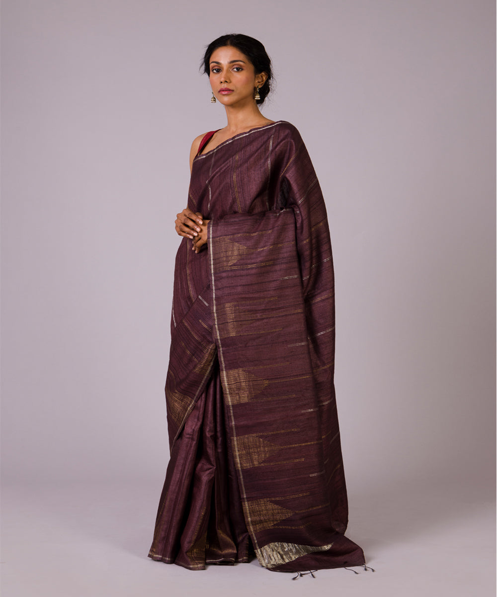Dark brown tussar silk hand woven chhattisgarh kosa saree