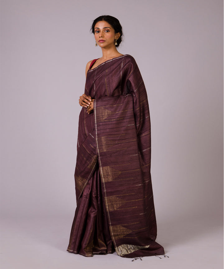 Dark brown tussar silk hand woven chhattisgarh kosa saree