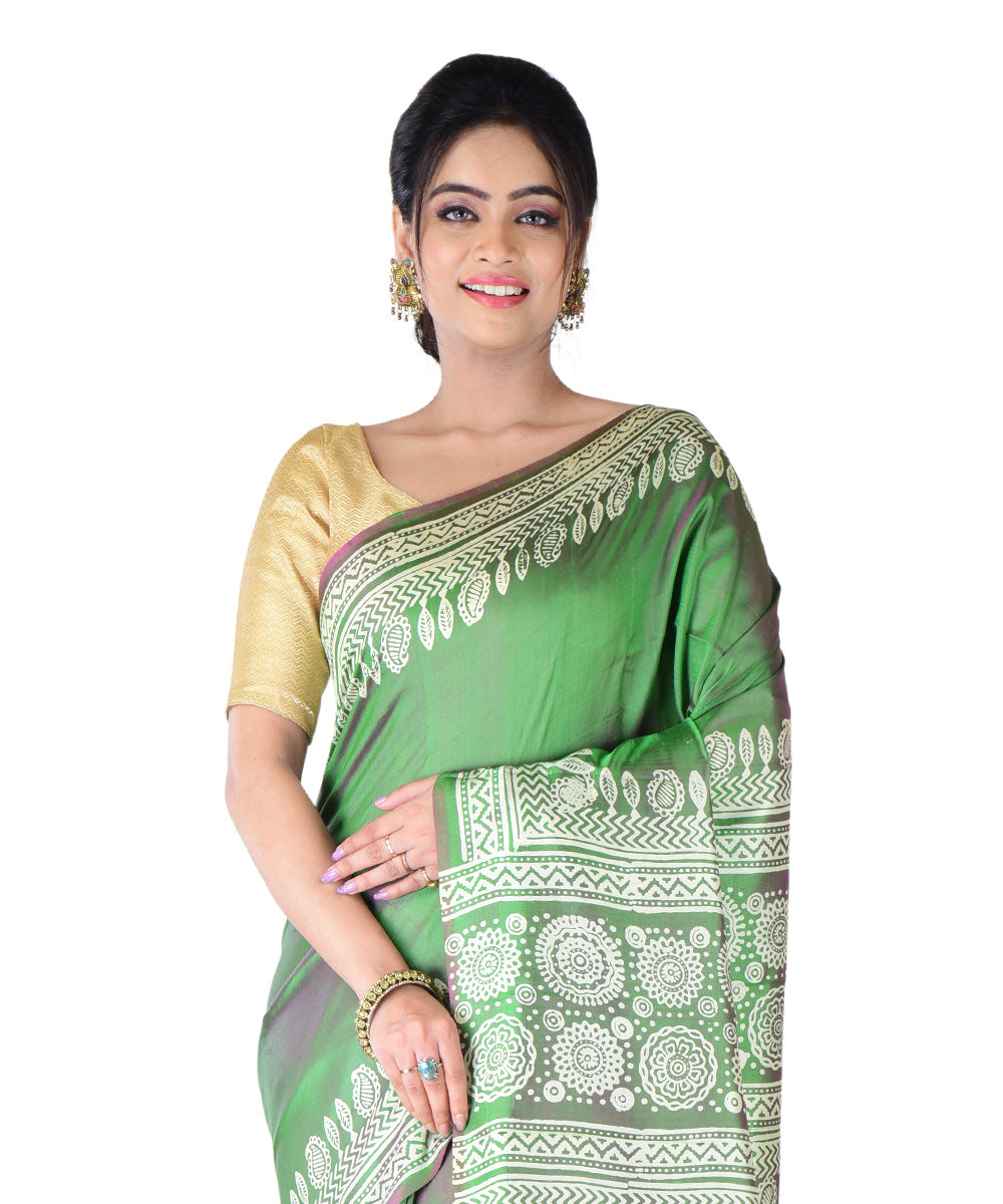 Dark green hand-printed silk saree