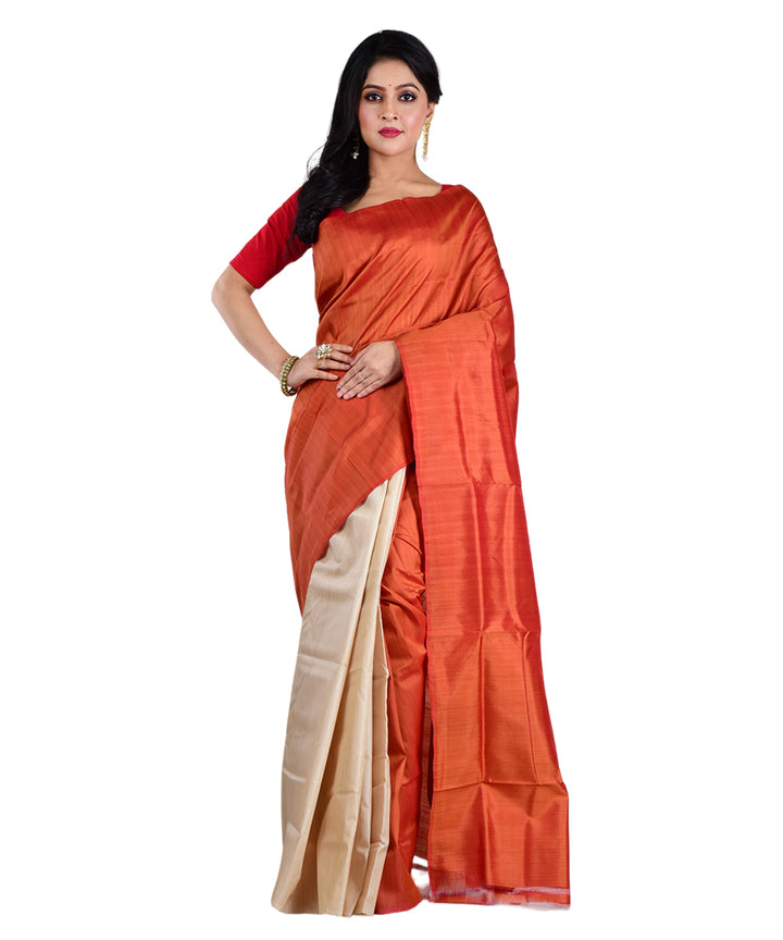 Beige orange handwoven tussar silk saree