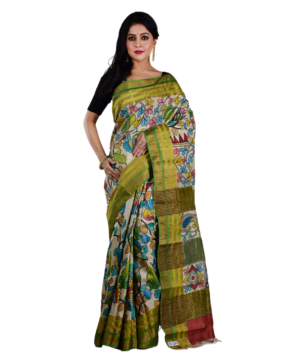 Beige multicolor bengal hand printed tussar silk saree