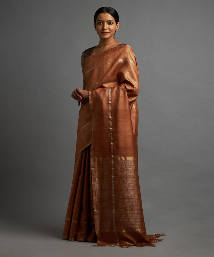 Sienna brown silver zari tussar silk woven chhattisgarh kosa saree