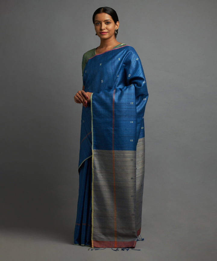 Egyptian blue tussar silk handwoven chhattisgarh kosa saree