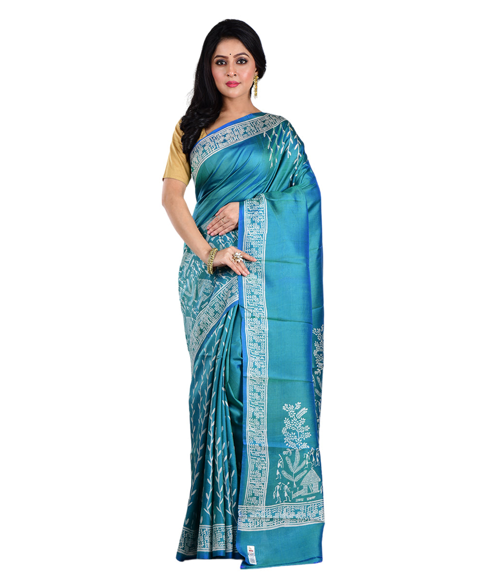 Teal green hand printed silk saree