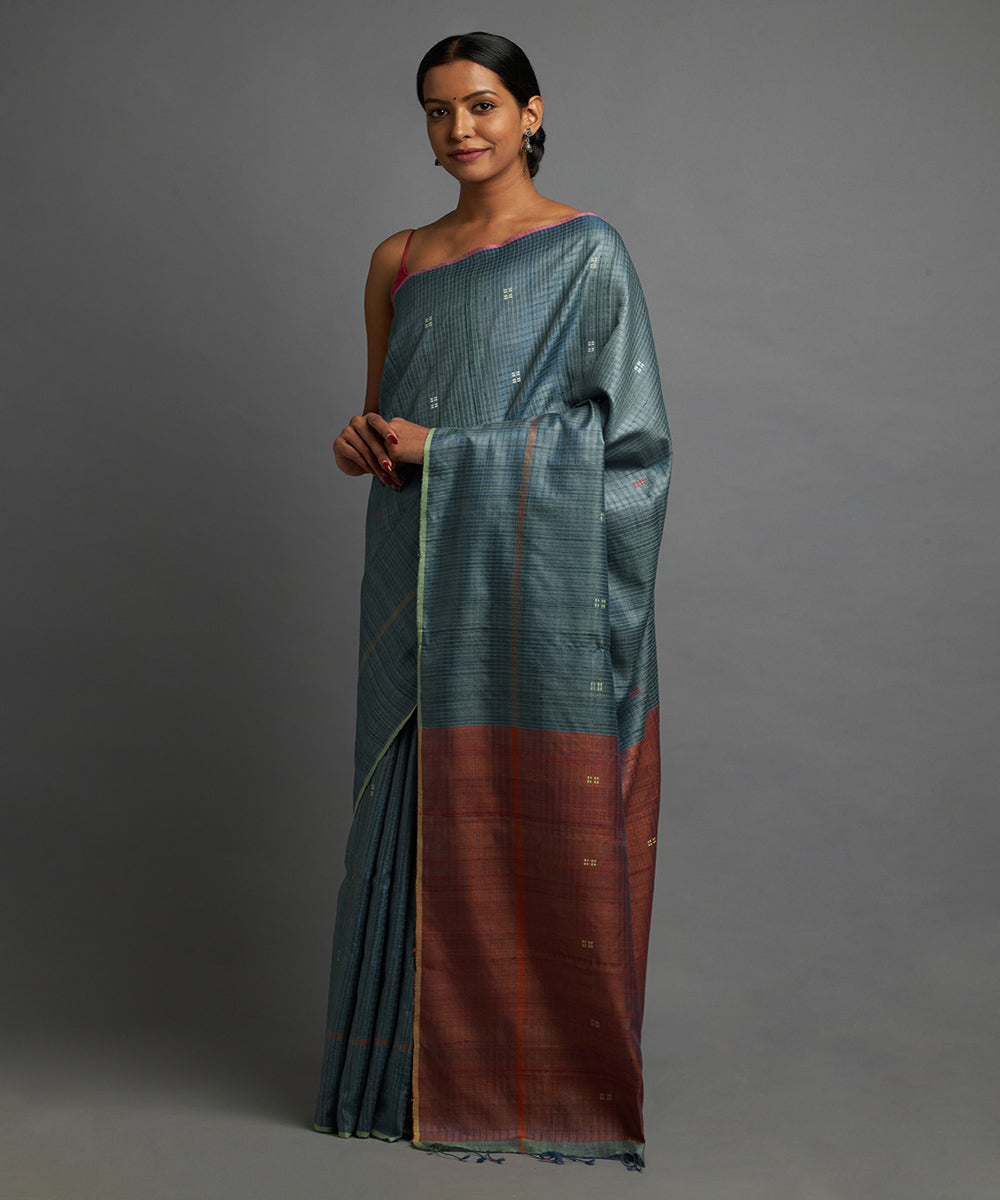 Sassy teal tussar silk hand woven chhattisgarh kosa saree