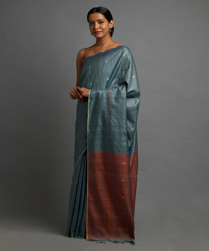 Sassy teal tussar silk hand woven chhattisgarh kosa saree