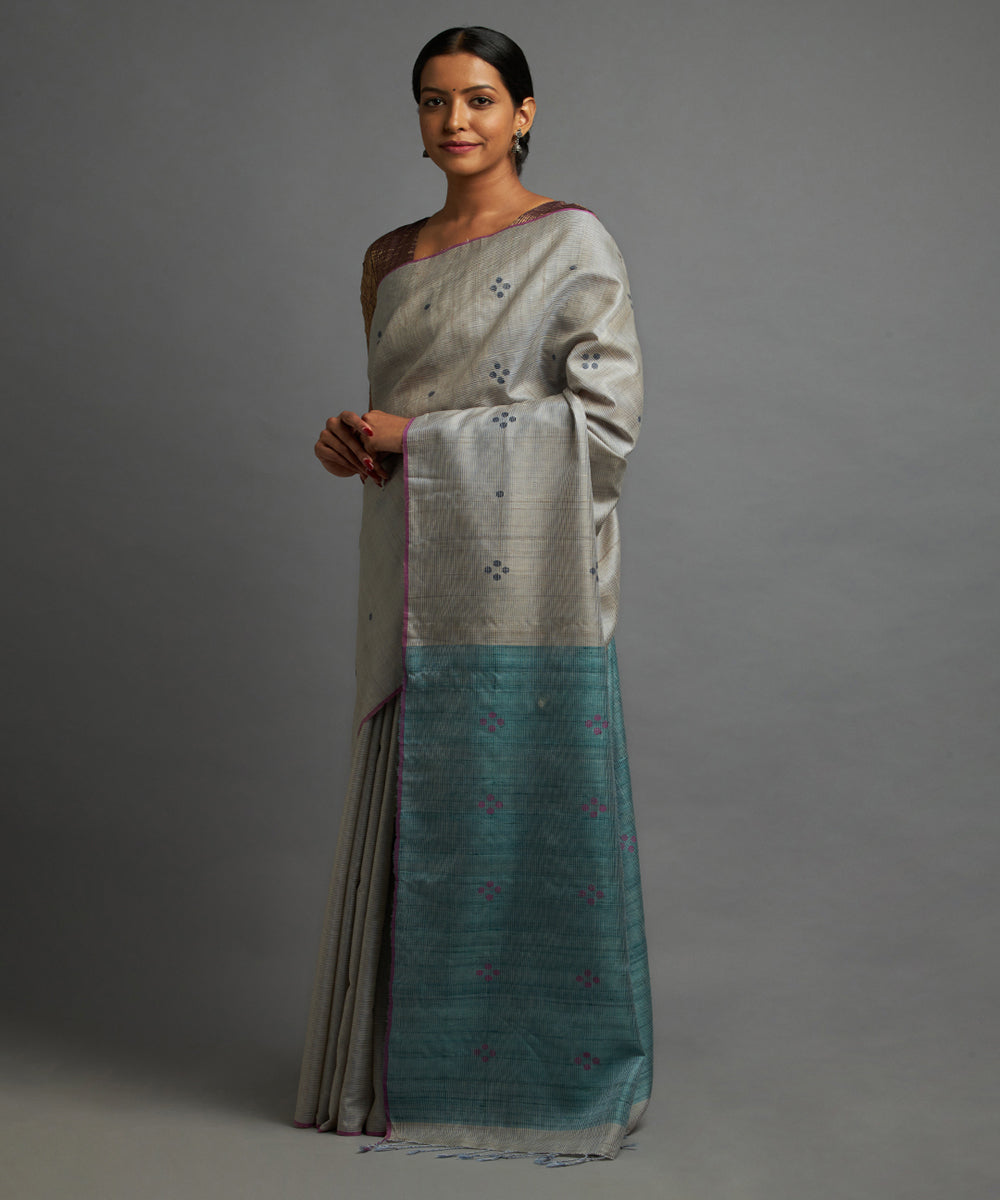 Dusky blue grey tussar silk handwoven chhattisgarh kosa saree