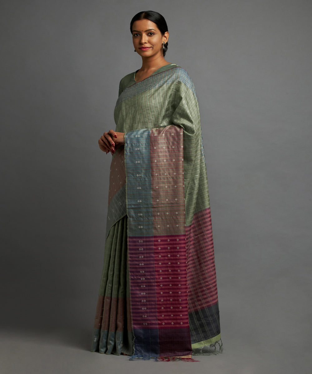 Pistachio tussar silk hand woven chhattisgarh kosa saree