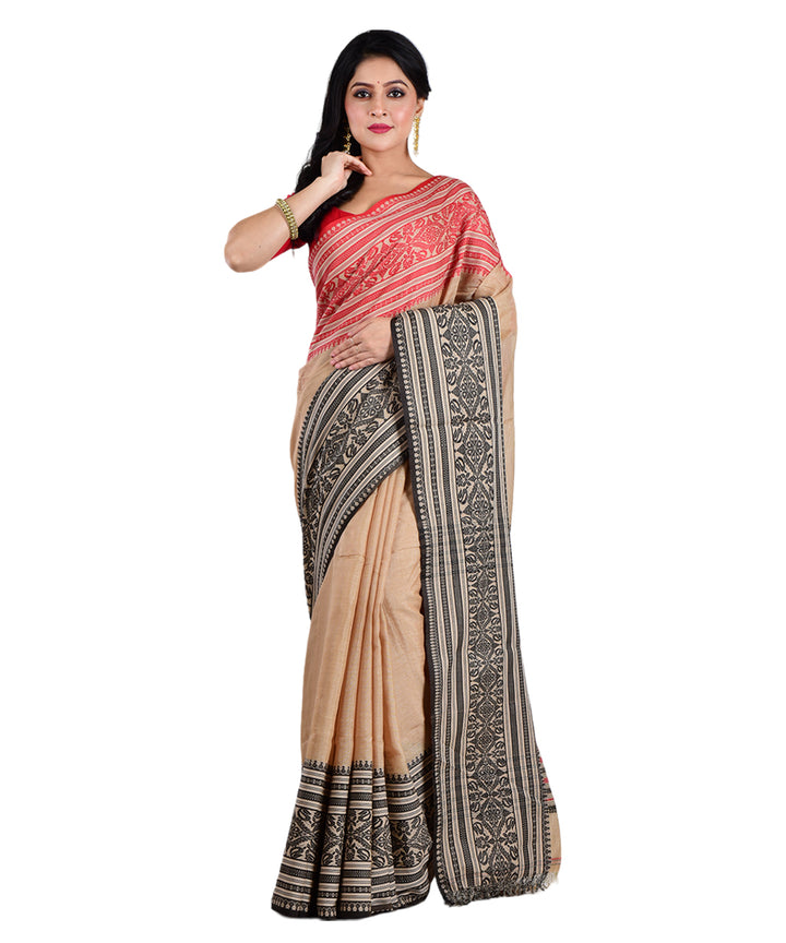 Beige red handwoven cotton silk saree