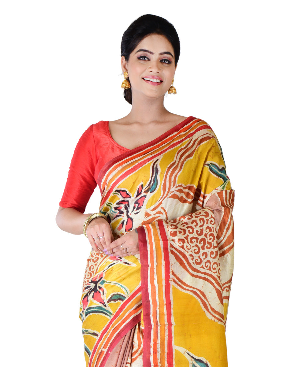 Yellow multicolor hand printed silk saree