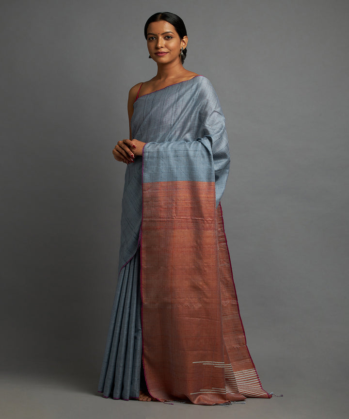 Dusky blue grey tussar silk hand woven chhattisgarh kosa saree