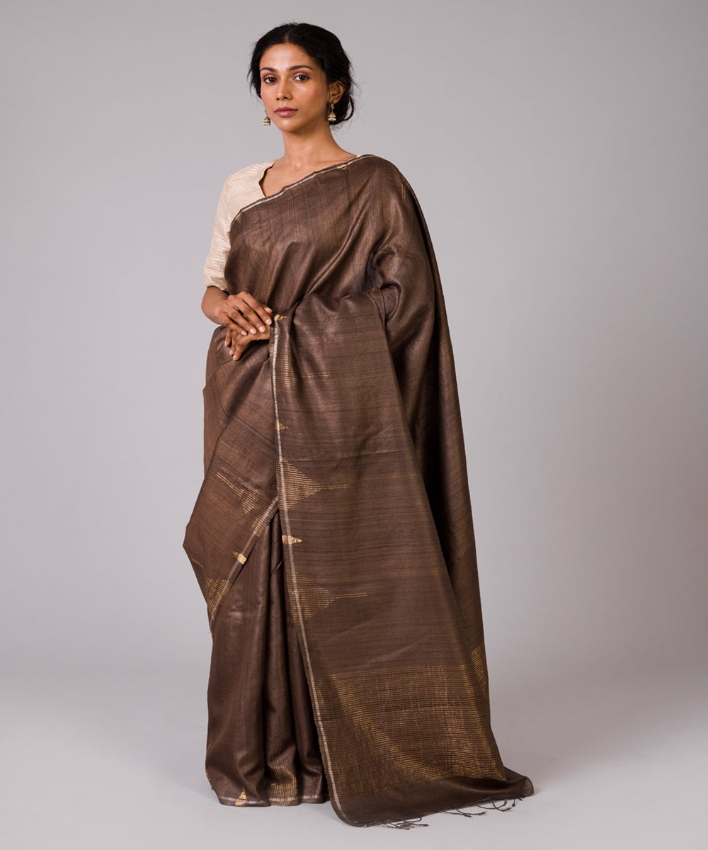 Coffee brown tussar silk hand woven chhattisgarh kosa saree
