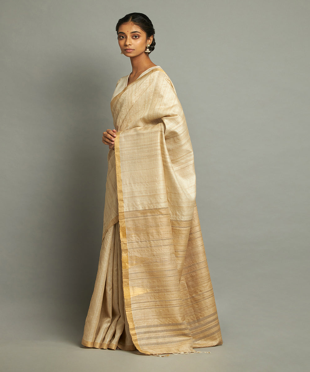 Natural, white tussar silk hand woven chhattisgarh kosa saree
