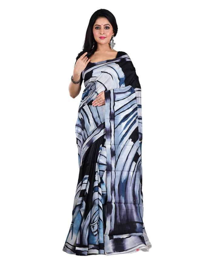 Black white silk hand painted bengal saree