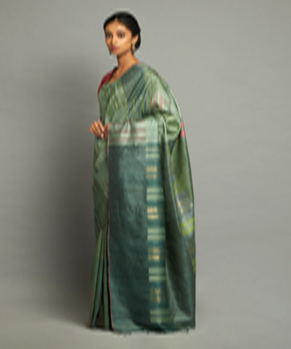 Green checkered tussar silk hand woven chhattisgarh kosa saree