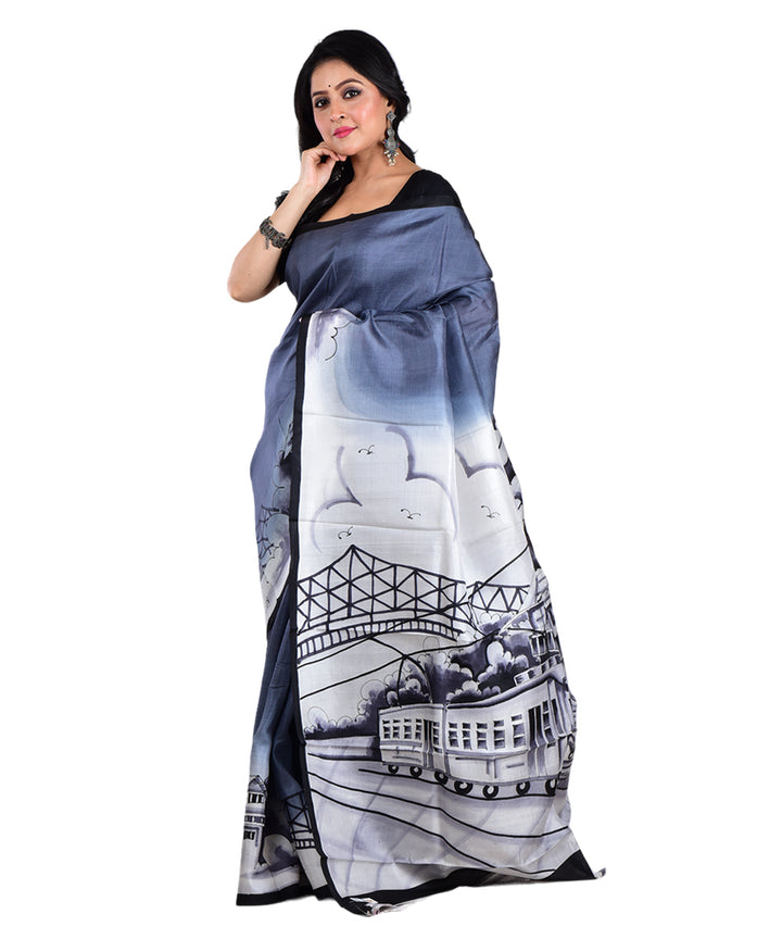 Grey black hand painted silk saree