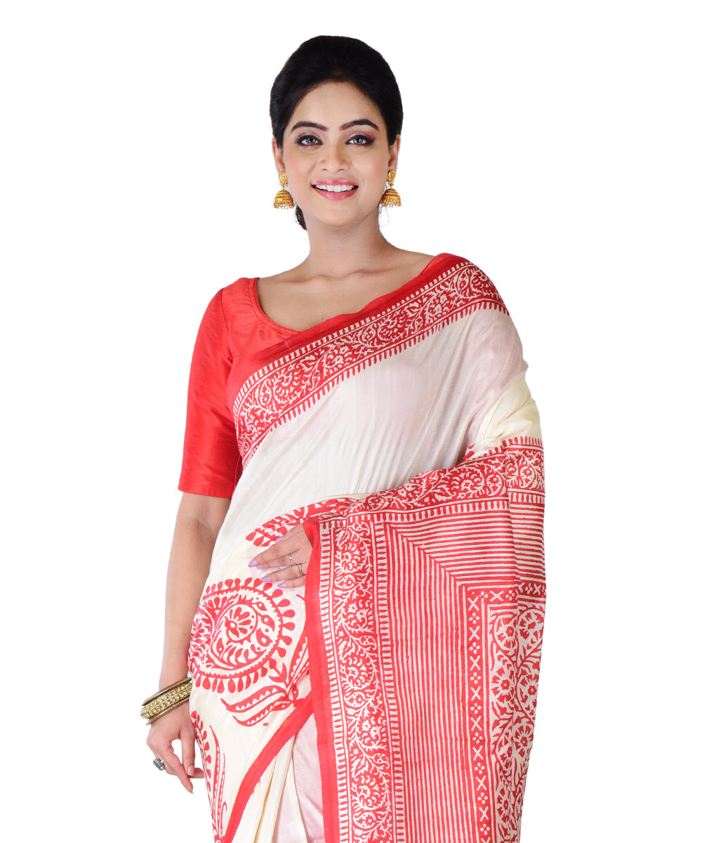 White red hand-printed silk saree