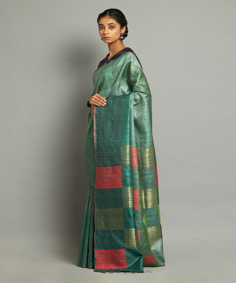Green zari tussar silk hand woven chhattisgarh kosa saree