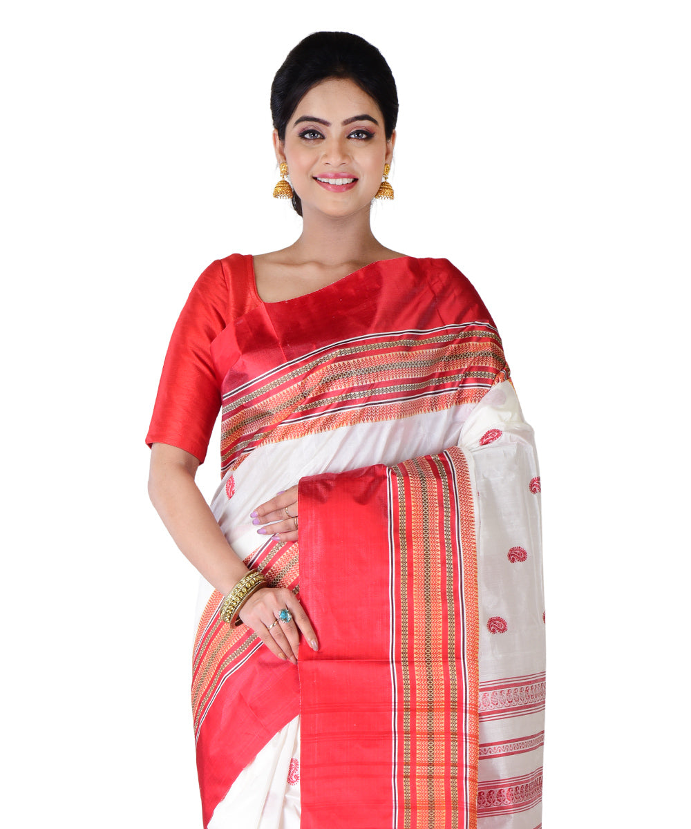 Offwhite red hand printed silk saree