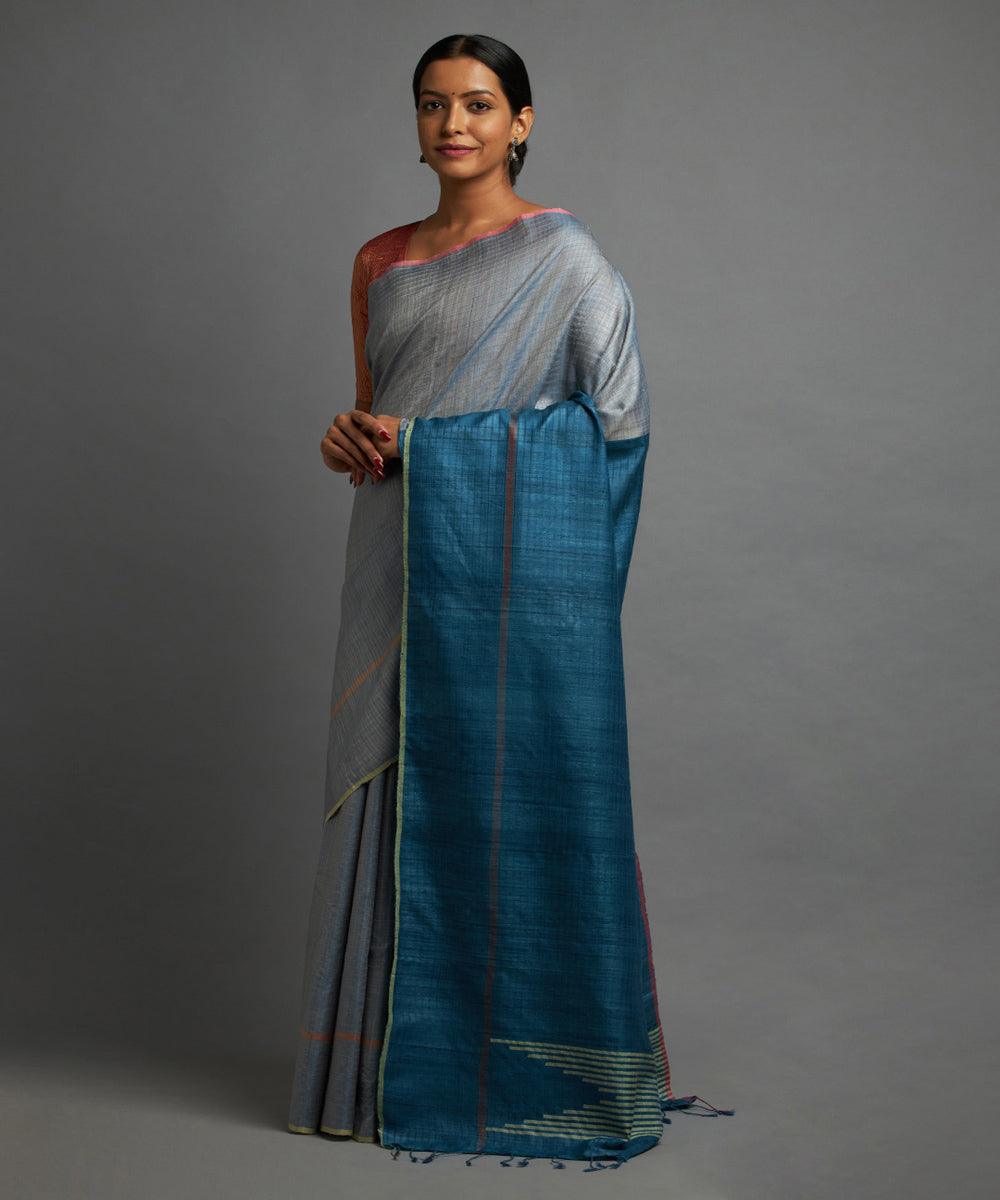 Lavender persian blue tussar silk handwoven chhattisgarh kosa saree