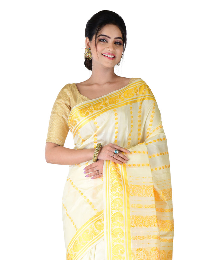 White yellow handwoven silk saree