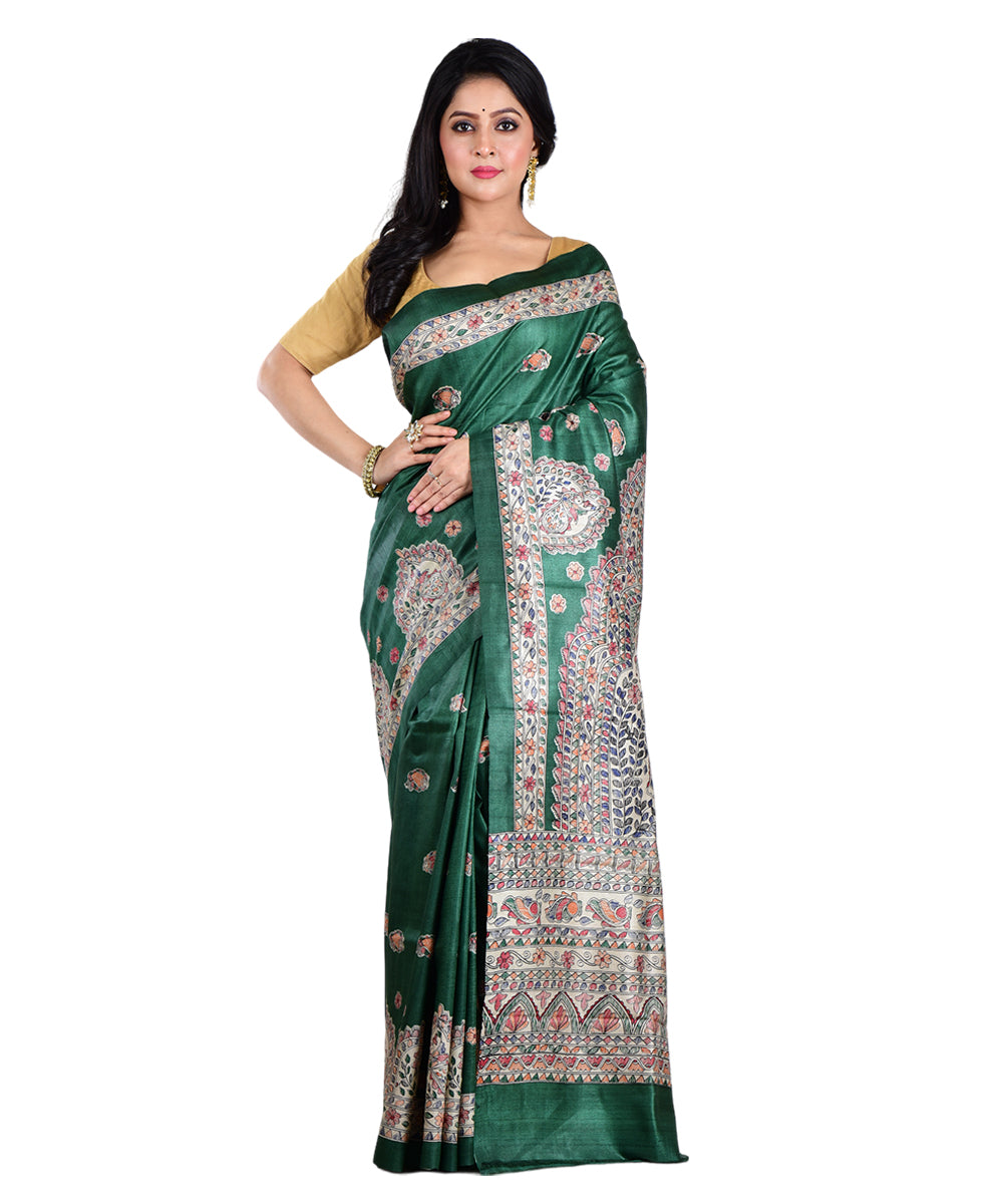 Dark green multicolor hand printed tussar silk saree