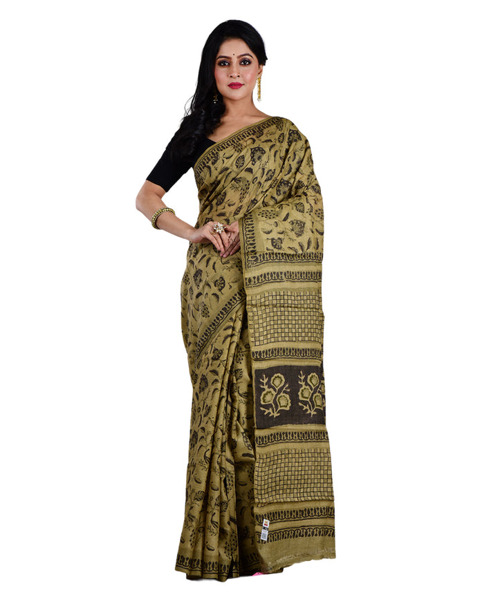 Beige brown hand printed tussar silk saree