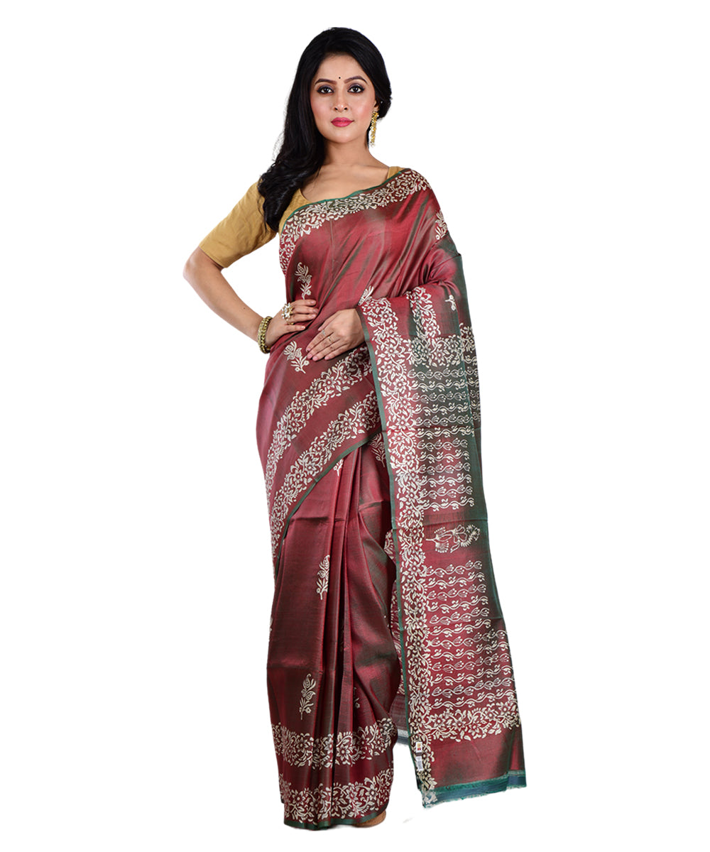 Maroon multicolor hand printed silk saree
