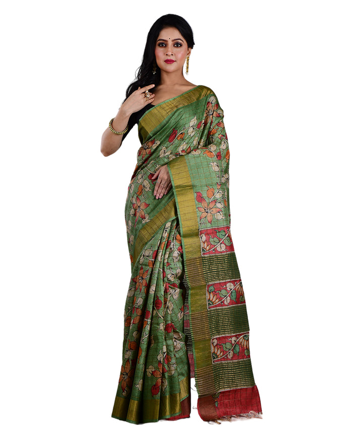 Multicolor light green hand printed tussar silk saree