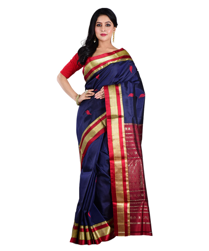 Navy blue red handwoven silk saree