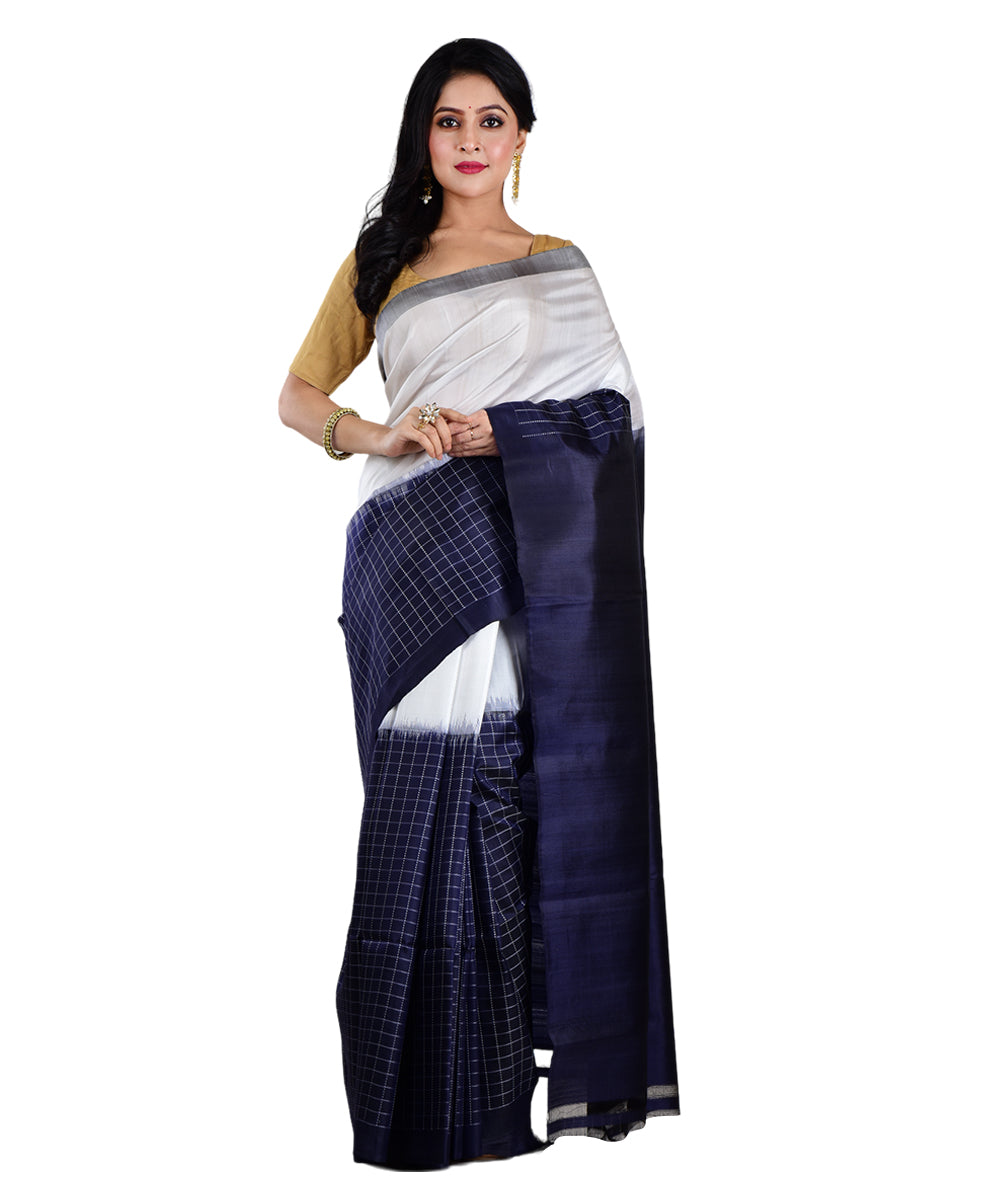 White navy blue handwoven silk saree