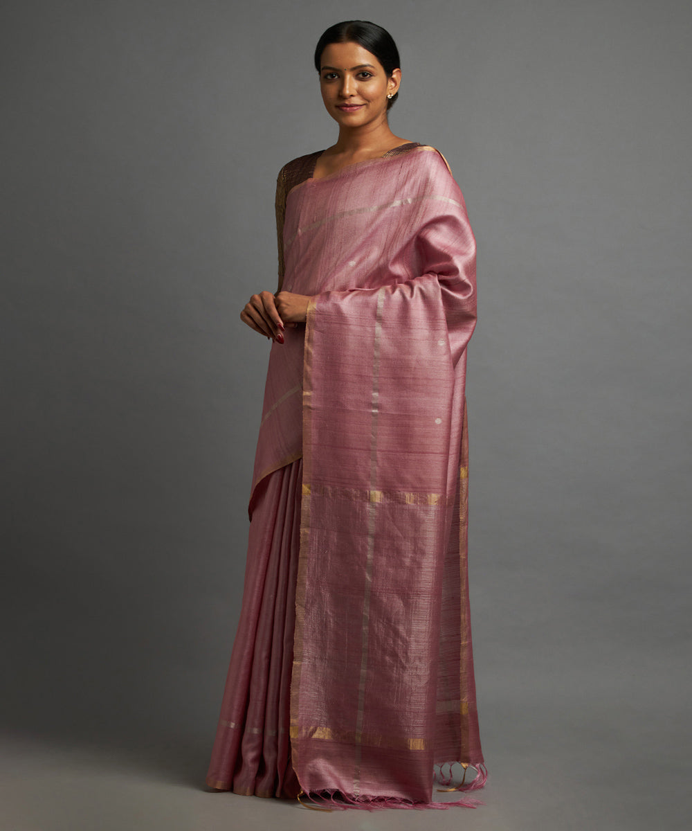 Blushing pink tussar silk hand woven chhattisgarh kosa saree