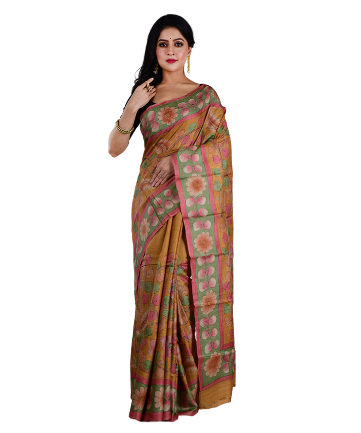 Mustard multicolor hand printed tussar silk saree