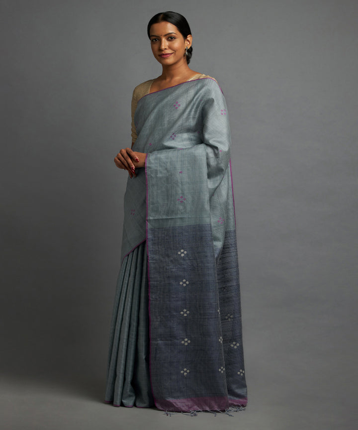 Denim blue grey tussar silk hand woven chhattisgarh kosa saree