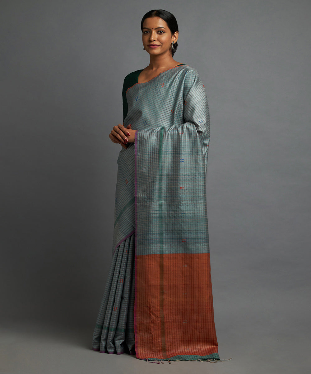 Cool grey tussar silk hand woven chhattisgarh kosa saree