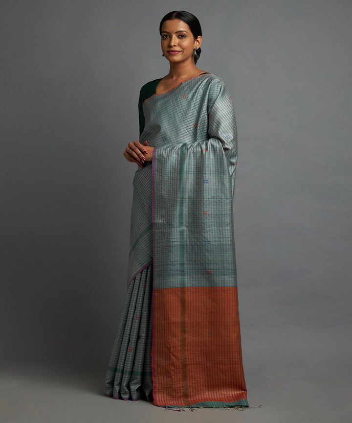 Cool grey tussar silk hand woven chhattisgarh kosa saree