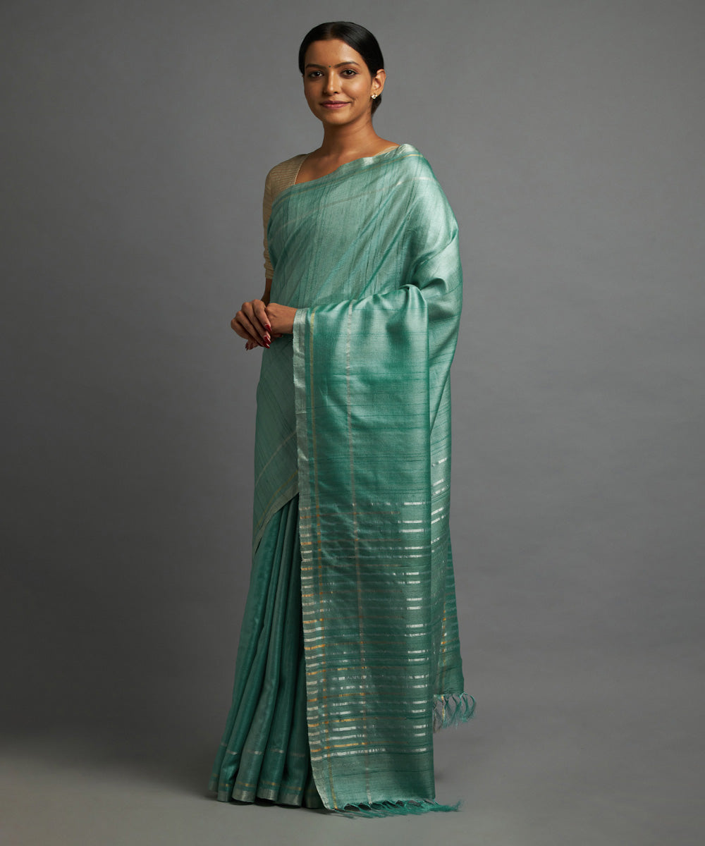 Turquoise gold zari tussar silk handwoven chhattisgarh kosa saree