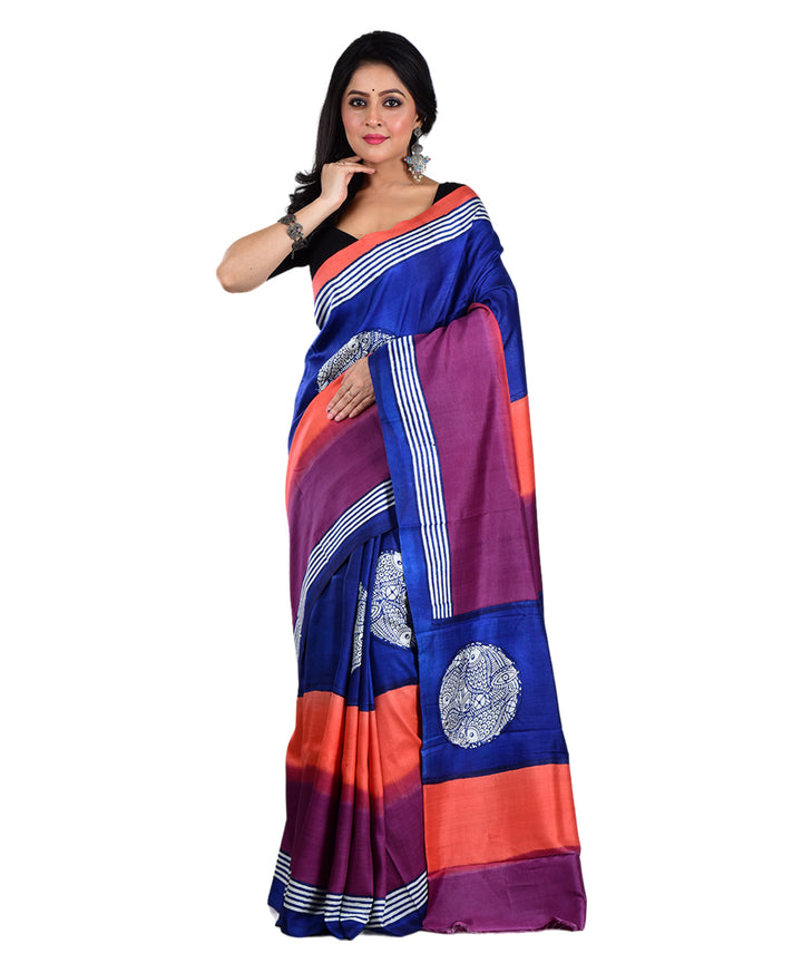 Navy blue multicolor hand printed silk saree