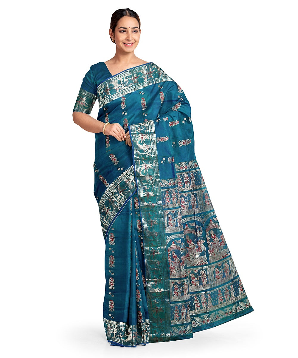 Cyan blue silk handwoven baluchari saree