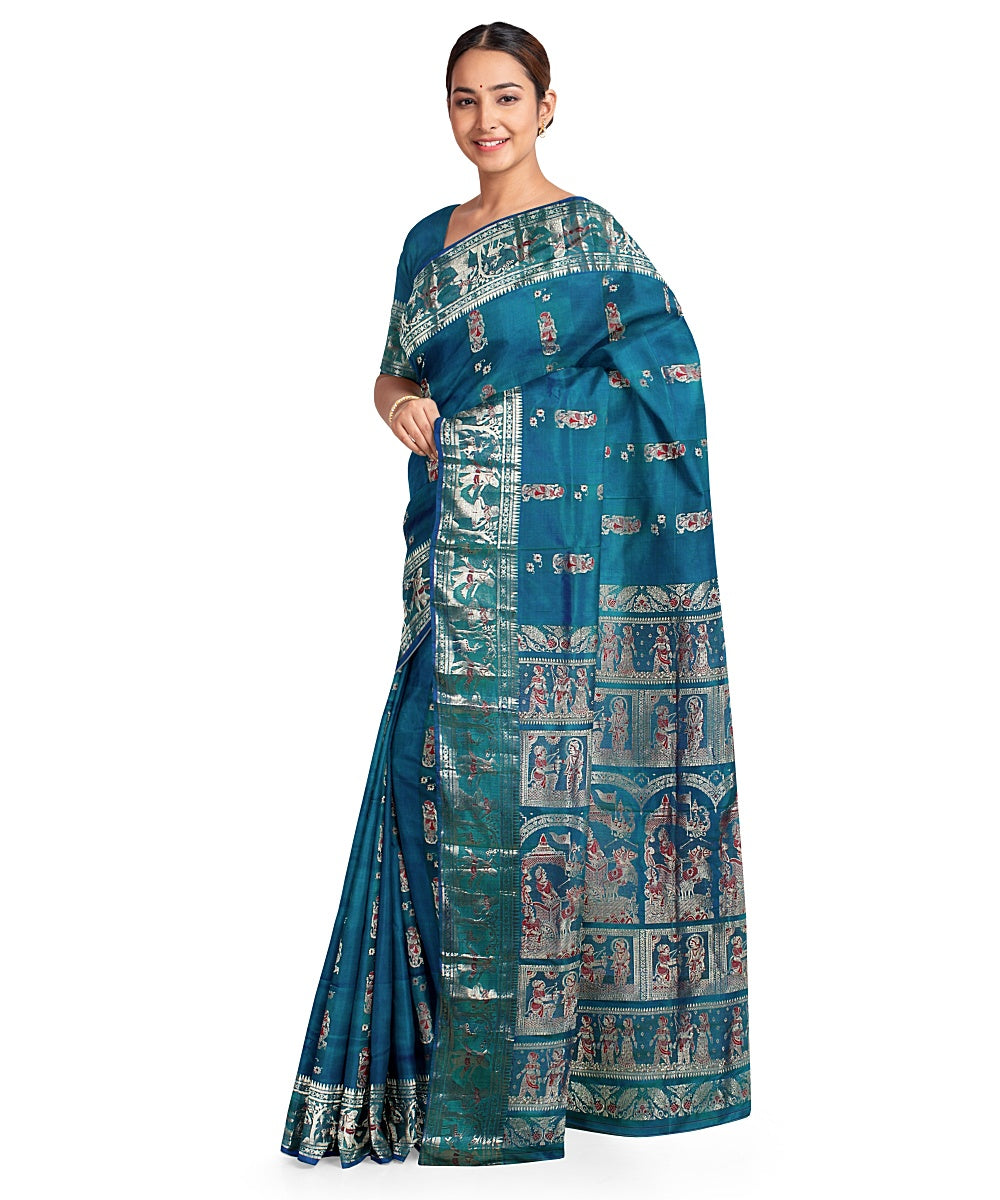 Cyan blue silk handwoven baluchari saree