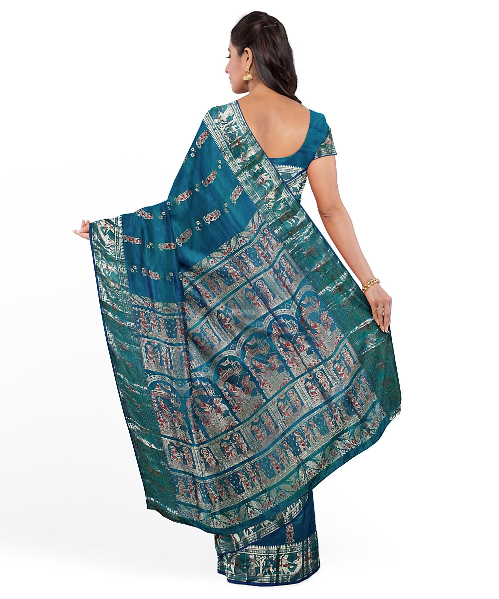 Cyan blue silk handwoven baluchari saree