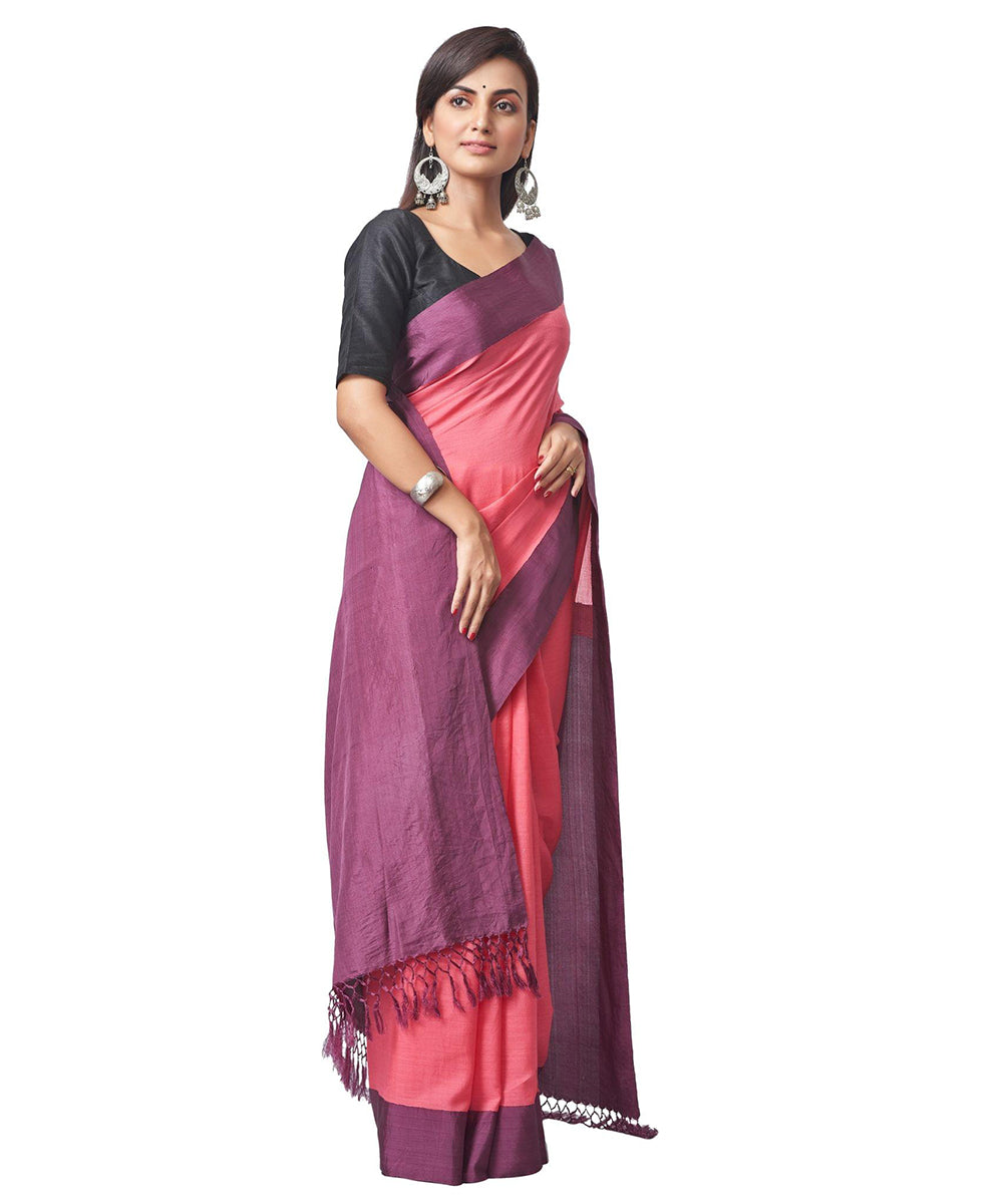 Biswa bangla pink handwoven cotton silk cutshuttle saree