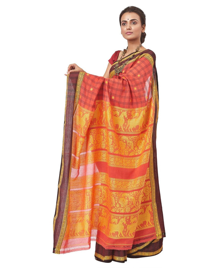 Red yellow biswa bangla cotton handloom jamdani saree